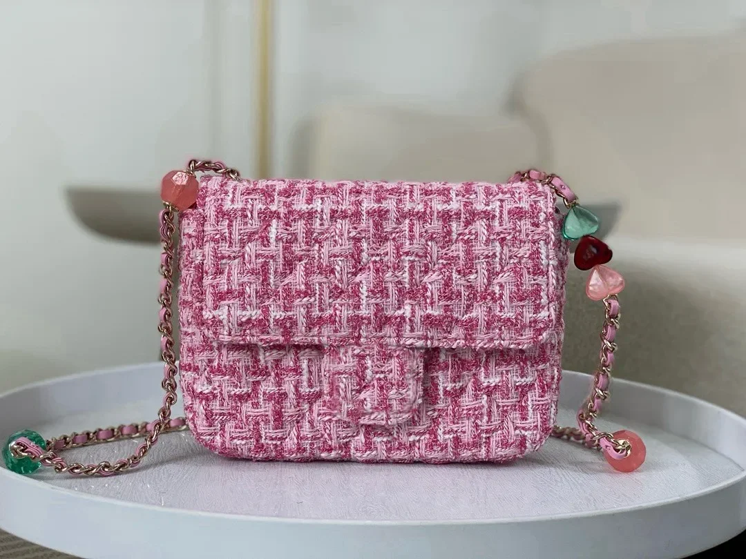 Pink Tweed Mini Chain Shoulder Crossbody Bag Wool Cotton Mixed Fibers Classic Flip Small Square Bag High Quality