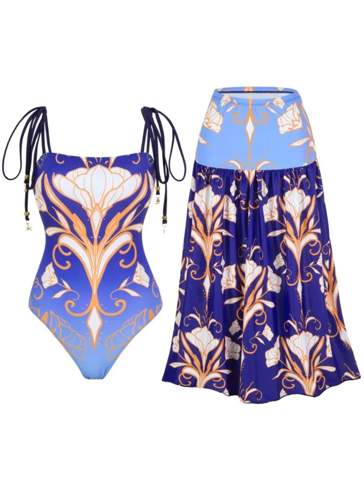 

Retro Bikini Printed Fashion Two Piece Swimsuit And Cover Up With Skirt Tight Women's Bandage Summer Beach Luxury Elegant