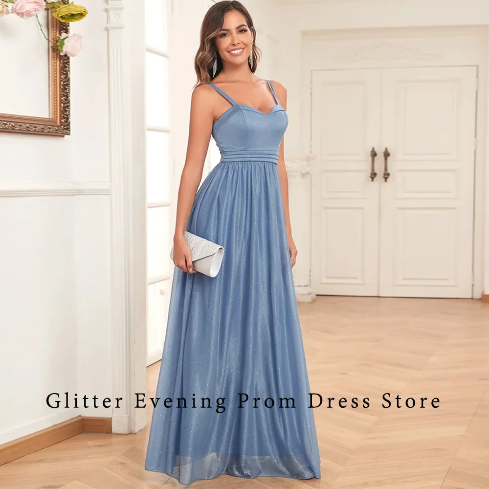 

Elegant Simple Blue Prom Gowns A-Line Sweetheart Backless Spaghetti Strap Chiffon Custom Made Evening Dresses Vestidos De Festa