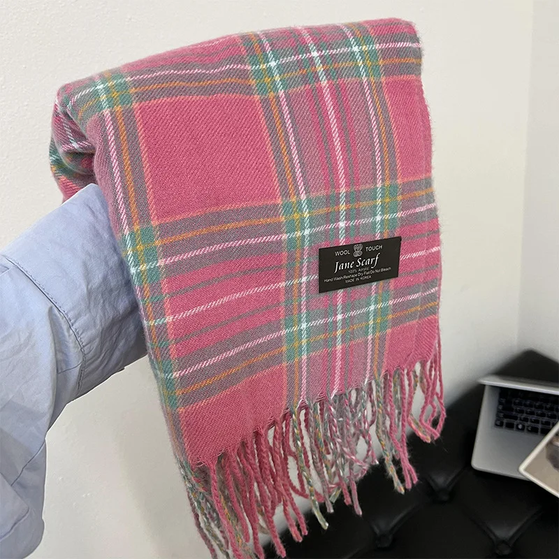 2023 Gentle Christmas Ins Style Pink Girl Tassel Scarf Female Winter Plaid Shawl Korean Version of The Scarfs Thickening