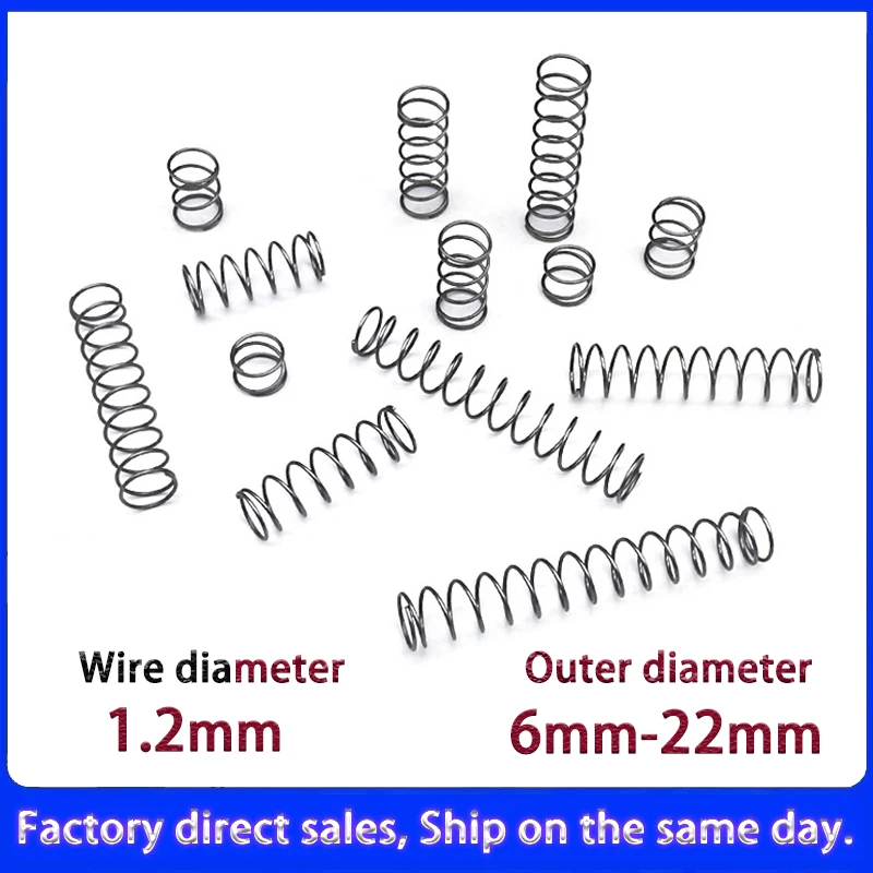 10Pcs 1.2mm Spring Steel Compression Springs Outer Diameter: 6/7/8/9/10/11/12/13/14/15/16/17/18/20/22mm, Free Length: 10-100mm