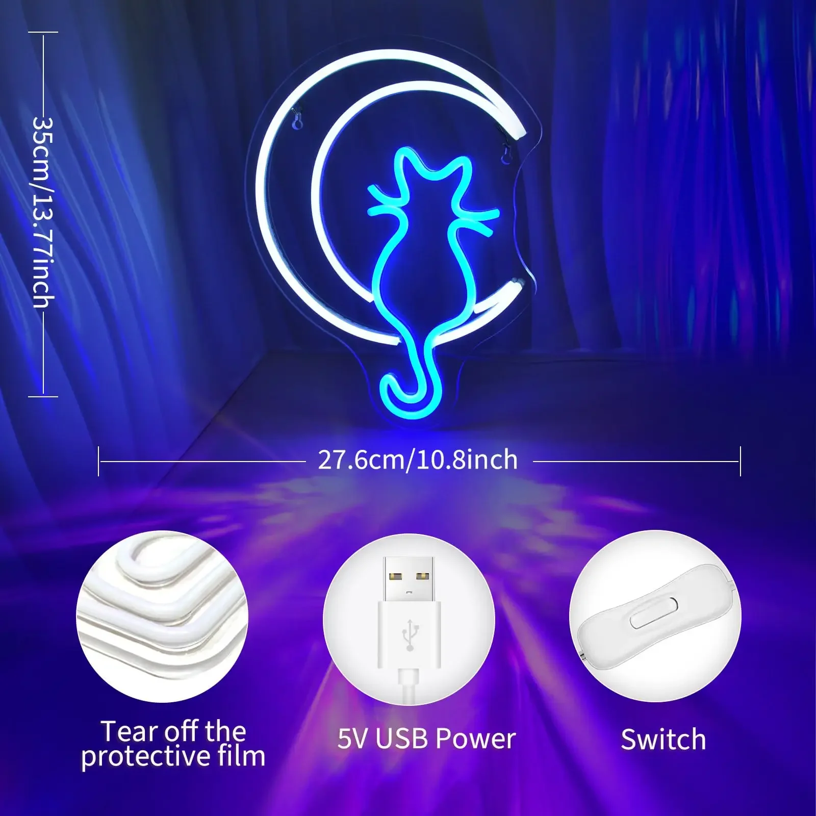 Anime Cat & Moon Neon Sign Personalized Neon Signs for Room Wall Decor ,LED Night Lights Home Decor Lights  Gift for Girls Boys
