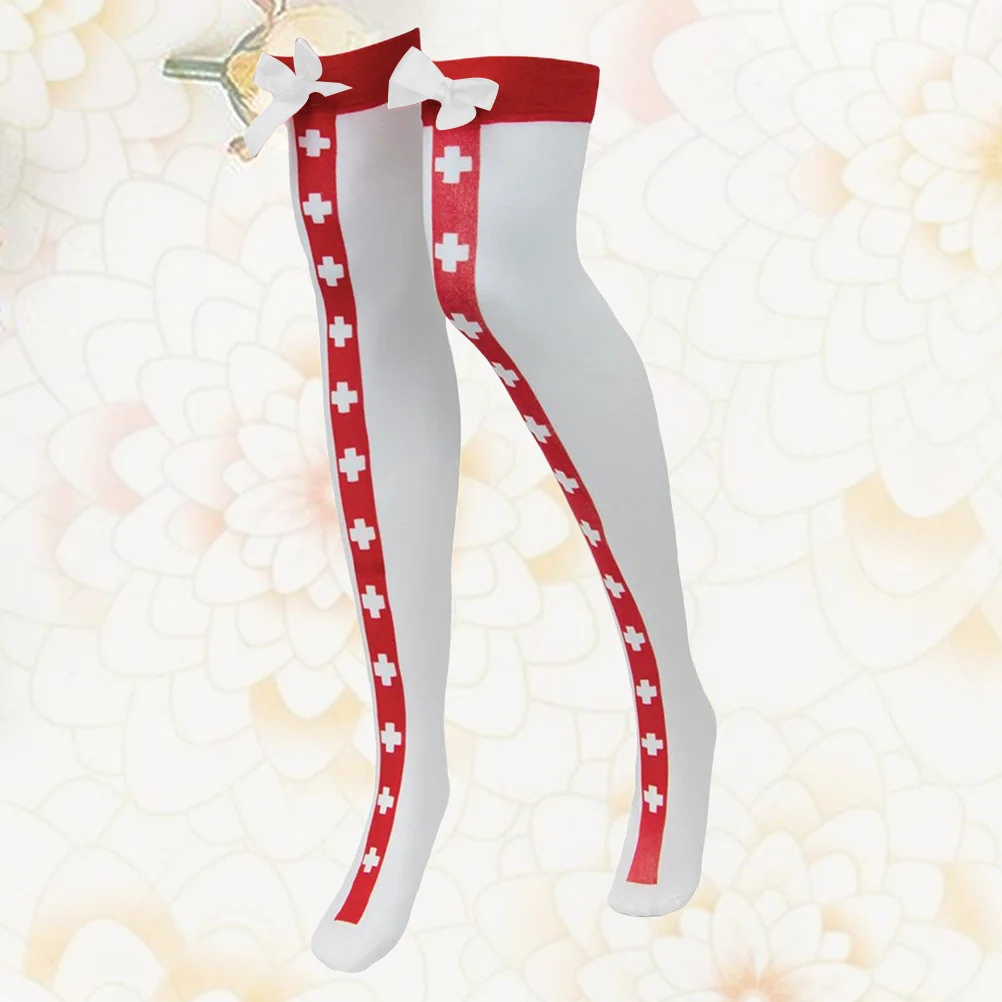 1 Paar oberschenkelhohe Krankenschwesterstrümpfe, weißes Fliege-Design, weich, elastisch, rutschfest, warme Socken für Damen, Party-Kostüme, Baumwolle