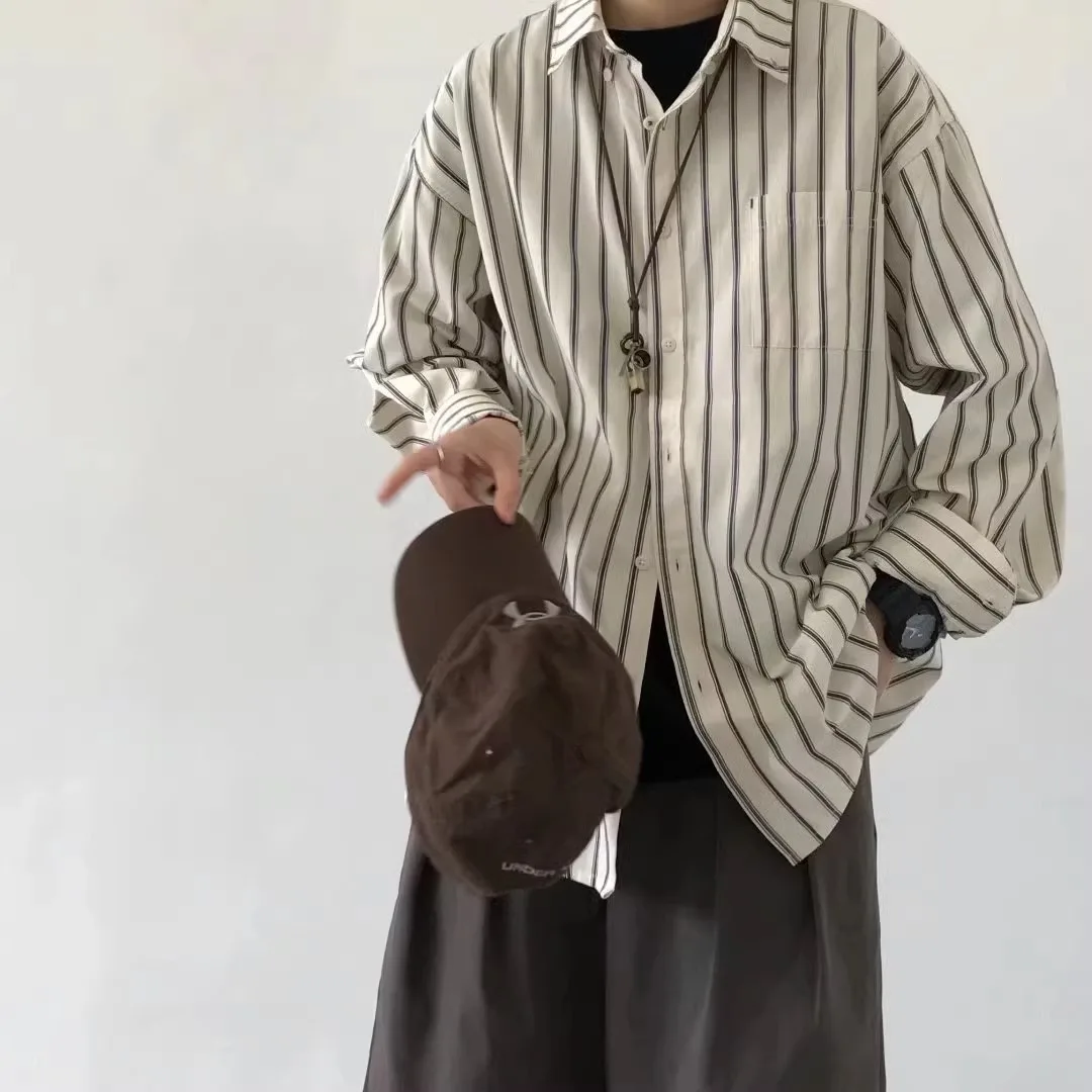 Unisex Striped Long Sleeve Shirt For Men Autumn & Spring Japanese Retro Layered Top Women Shirts Niche Design Inner & Outer Wear