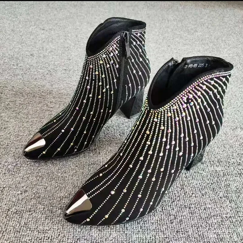 New Women Rhinestone Fashion Autumn/Winter Shoes Shine Short Botas Side Zip Pointed Toe Ankle Boots