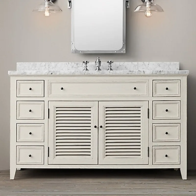 French rural retro solid wood oak bed and breakfast bathroom cabinet American household log sink