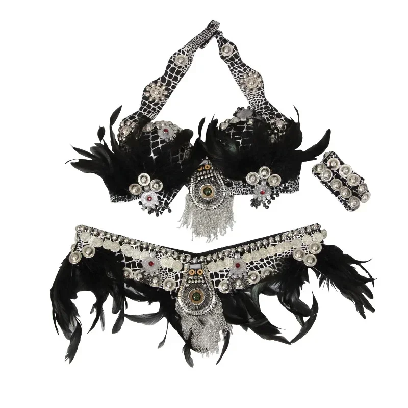 

Professional Tribal Belly Dance Feather Bra Top armband 3 Pieces Outfit Set Belly Dance Tribal Fusion ATS Coins Costume