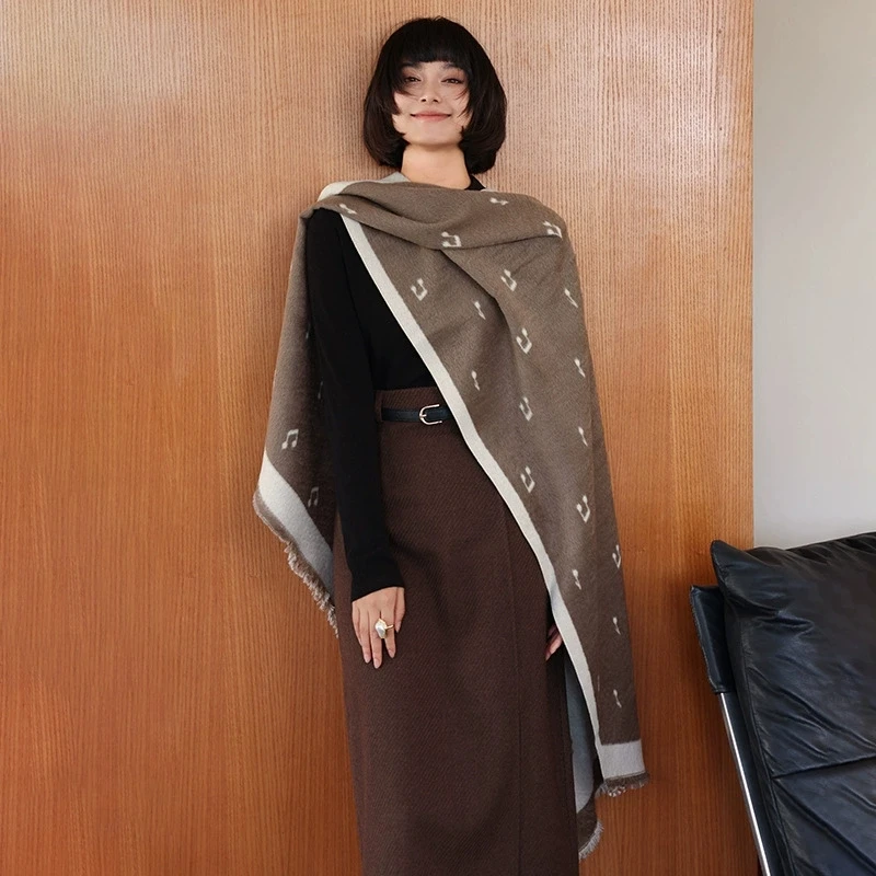 New Faux Cashmere Musical Note Scarf for Women Winter New High-End Feeling Warm Thickened Jacquard Large Pashmina Shawl