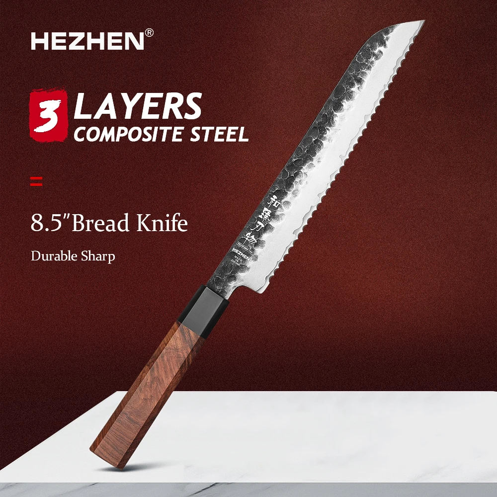 HEZHEN 8.5 Inches Bread Knife 3 Layers Composite Steel Kitchen Knife High quality Red wood handle