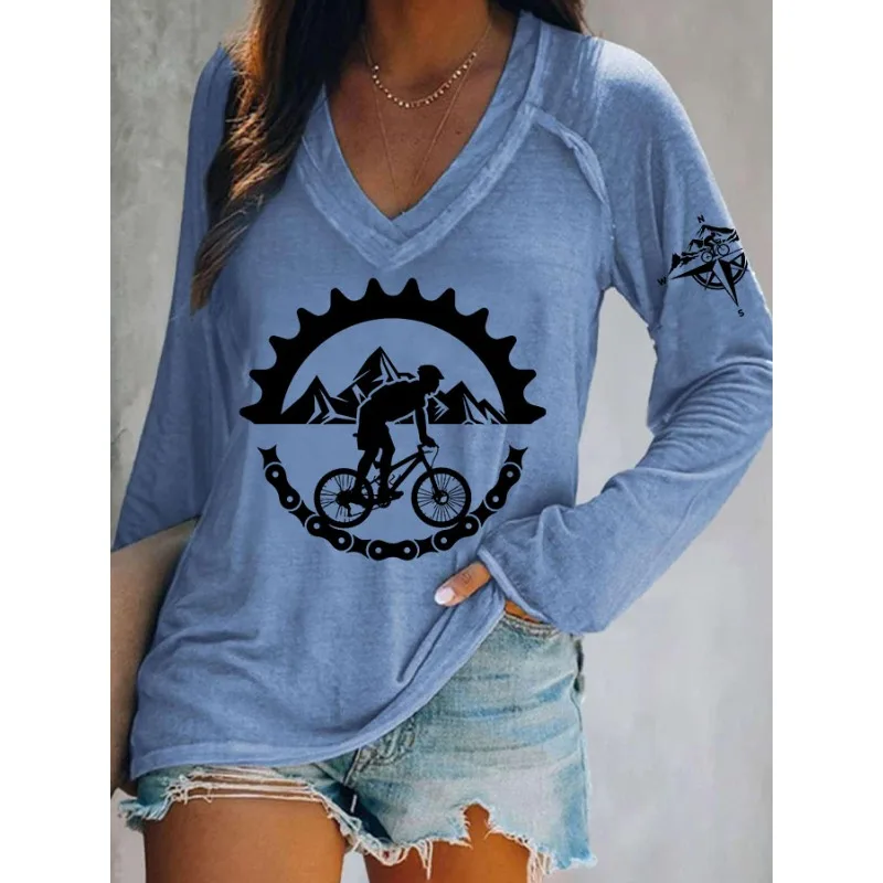 ilstile Women's Cycling Print T-Shirts Autumn Summer Long Sleeve Casual Loose V Neck Tops Tees New Arrival