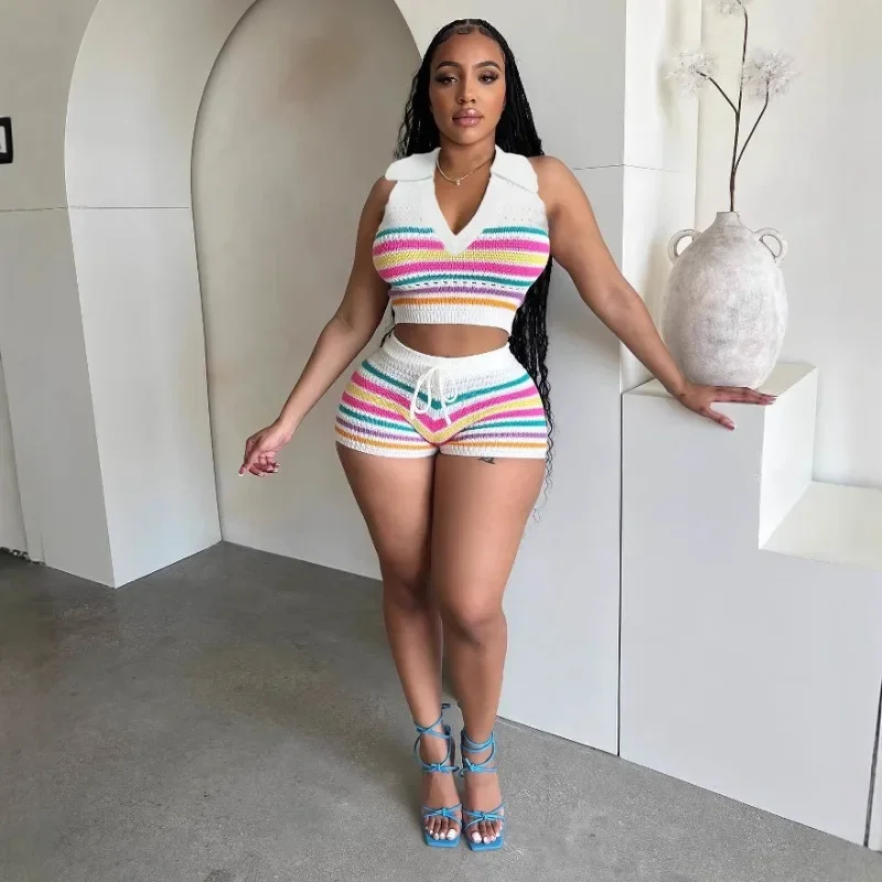 

Women Summer Colorful Striped Patchwork Hollow Out Knitted 2 Piece Set Turn Down Collar Sleeveless Crop Tops + Drawstring Shorts