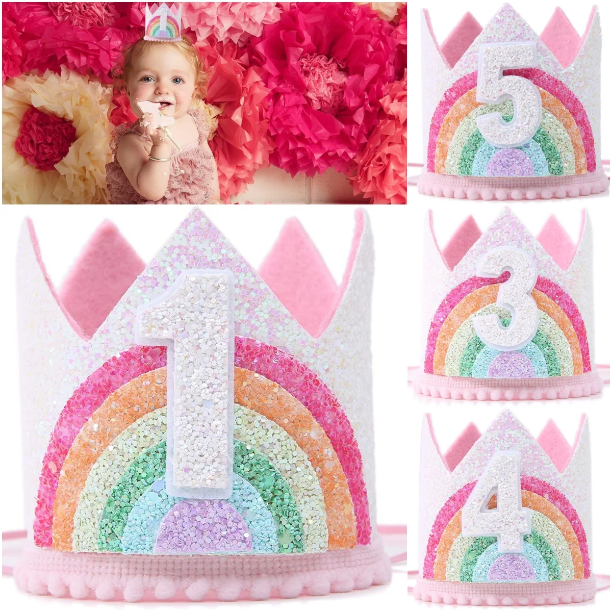 

Rainbow Theme Birthday Party Crown 1st 2nd 3rd Happy Birthday Party Decor Kids Baby Shower Partys Number Hat Girls Party