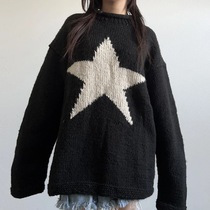 Dourbesty Star Pattern Sweaters Harajuku Vintage Aesthetics Jumpers Grunge Retro Knit Sweater Autumn Winter Baggy Pullovers Tops