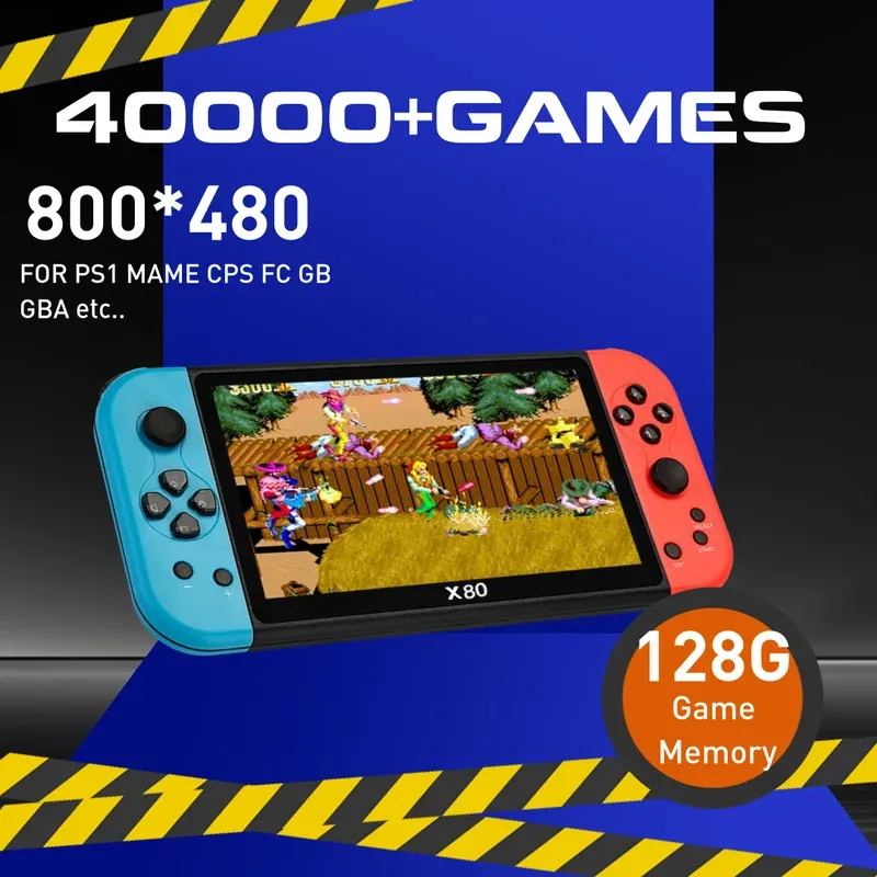 NEW 7.0" Screen Handheld Game Console X80 40000+ Games 128G Memory For PS1 MAME CPS FCGB Compatibility 800x480 Resolution