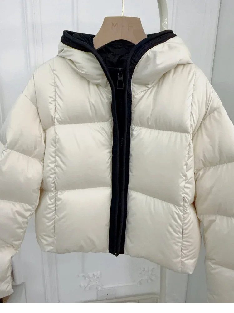 اتجاهات العلامة التجارية الفاخرة Croppe سترة منفوخة شتاء دافئ المرقعة مبطن سترة المرأة مقنعين يندبروف معطف بأكمام طويلة #5