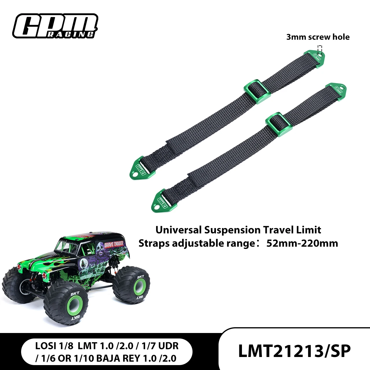 

GPM FRONT / REAR SUSPENSION TRAVEL LIMIT STRAPS For LOSI 1/8 LMT 2.0 Truck-LOS04028