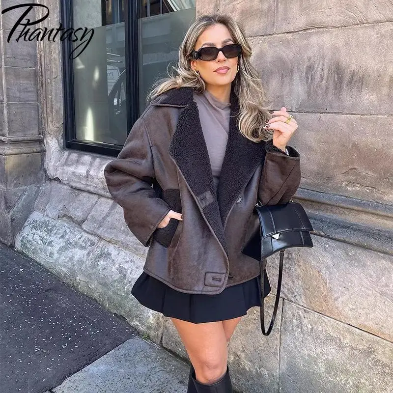 

Phantasy Female Lamb Wool Suede Jacket Solid Color Vintage Clothing 2025 Autumn Winter Casual Loose Street Warm Lady Coats