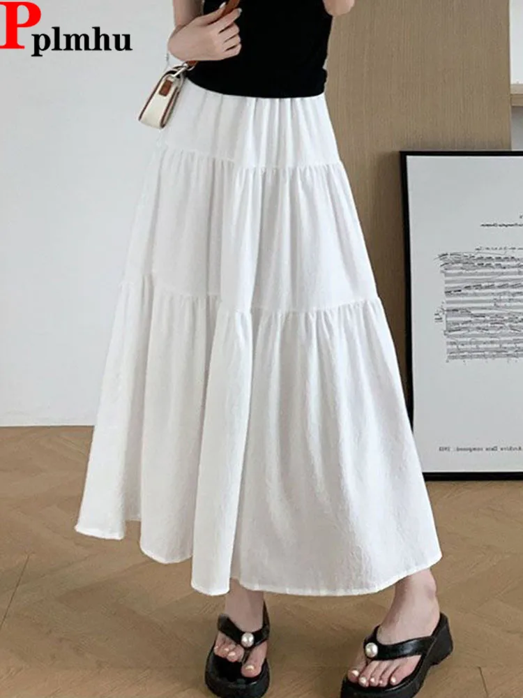 

Korean Design Loose A-lined Skirts Women Casual Elastic High Waist Long Faldas Spring Summer Fashion Solid Thin Jupe New Saia