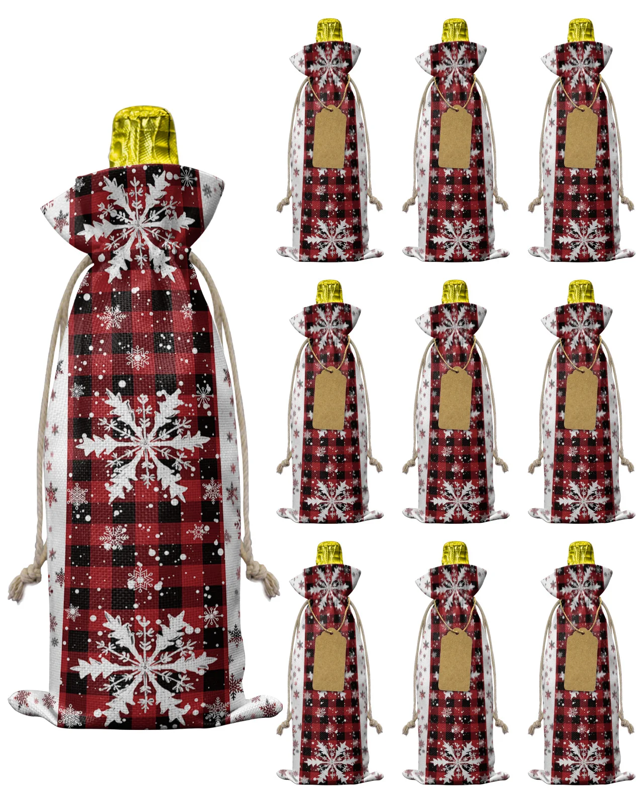 10pcs Christmas Snowflake Plaid Wine Bottle Bag with Drawstring Festive Party Decor Wine Bottle Covers Xmas Gift