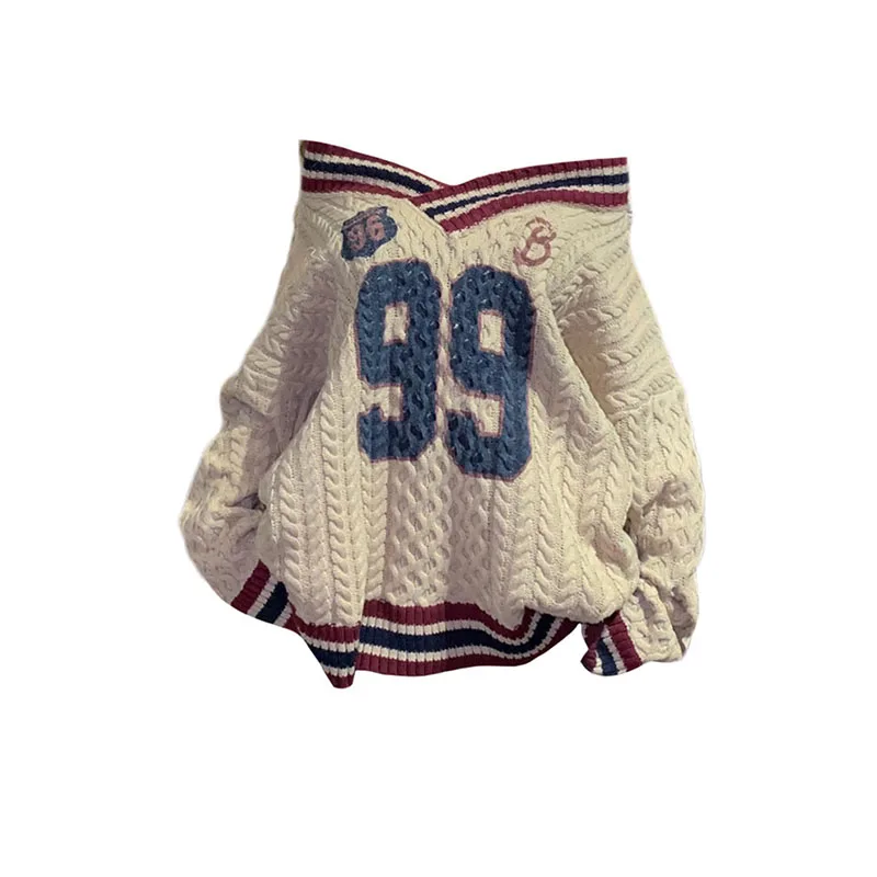 Ponadgabarytowy koreański styl Preppy list drukuj luźny sweter moda damska dekolt w serek prosty top jesienno-zimowy elegancki sweter — zdjęcie 2