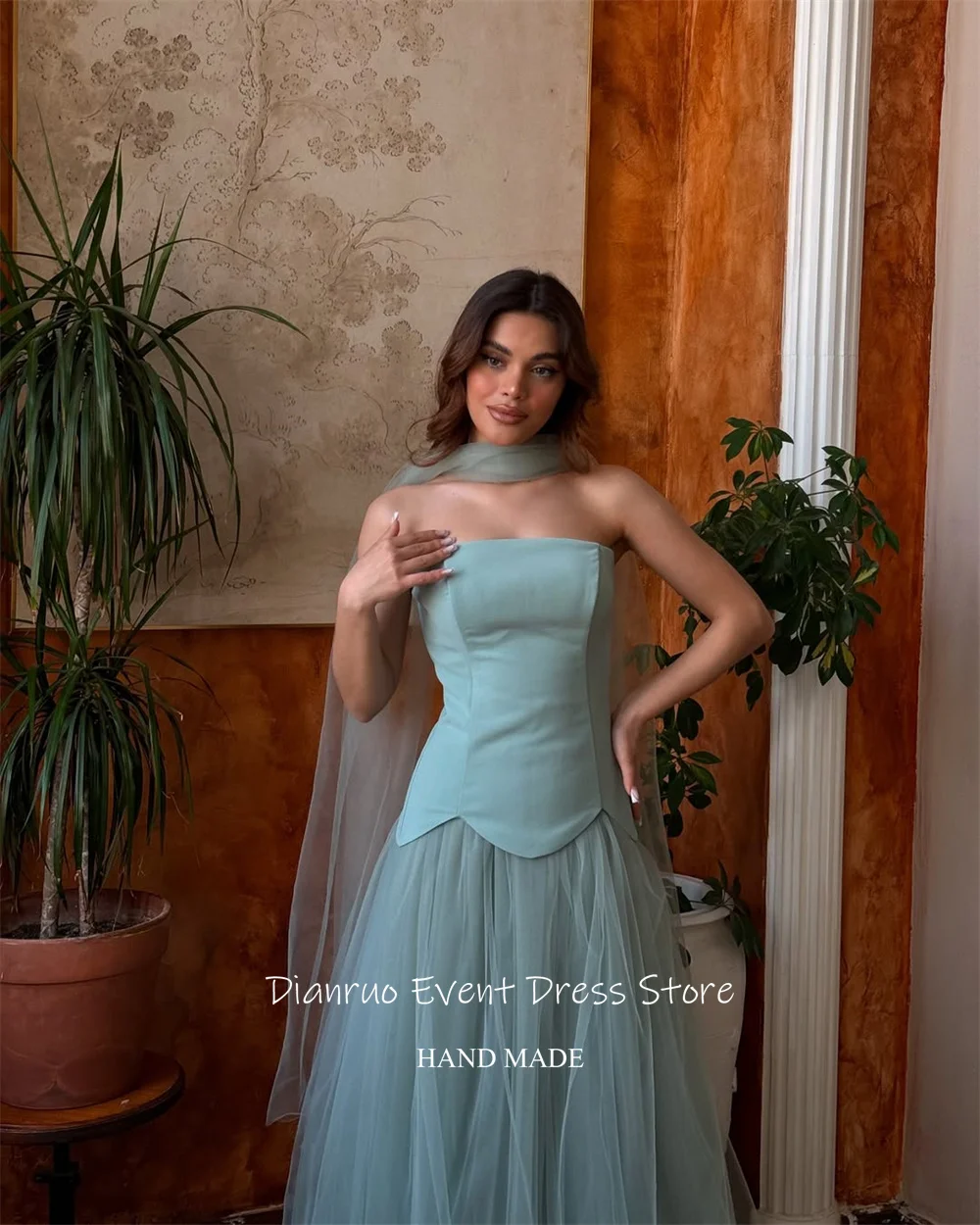 فساتين سهرة Dianruo برباط من التل طويلة الطول بدون حمالات رداء Soirées أشرطة A Line فستان حفلات الزفاف مخصص