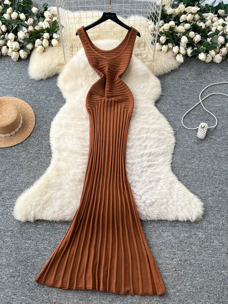 우아한 미니멀리스트 니트 드레스 여성 슬리밍 여름 섹시한 롱 스커트 하이 웨이스트 a 라인 반소매 오버 헤드 한국 스타일