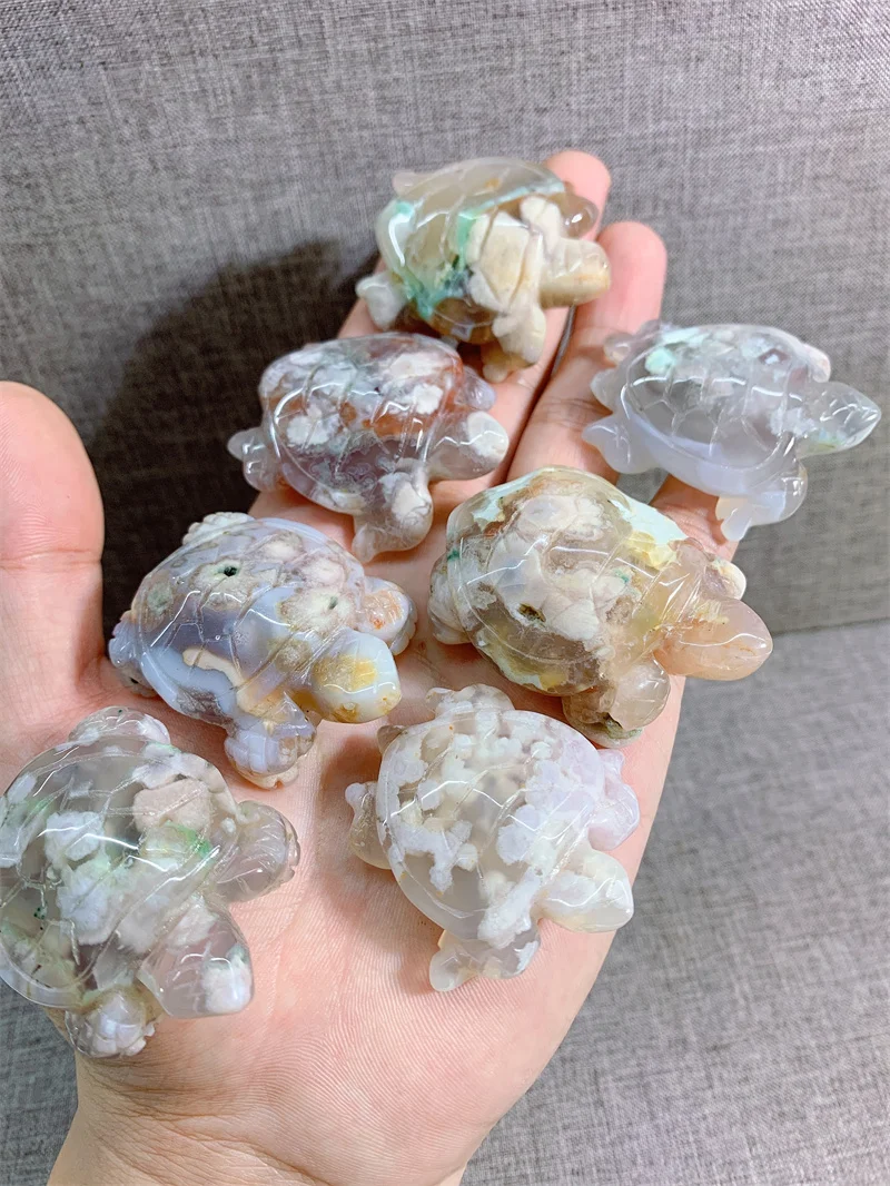 Natural Flower Aagate Tortois Carving Crystal Mineral Madagascar Healing Sphere Tower Palm Workmanship Ornament Carving Chip