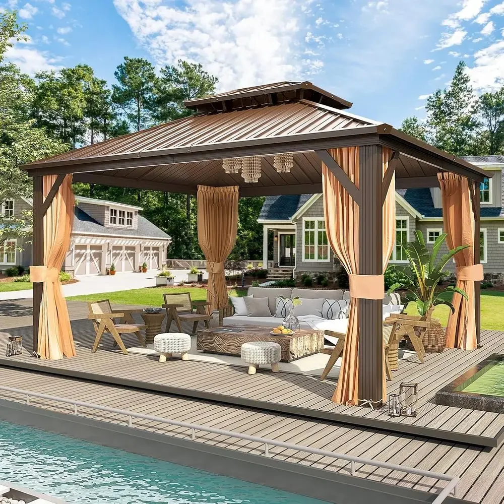 Gazebo de Techo Rígido de 12'x14', Gazebo Metálico de Doble Techo con Cortinas y Mosquiteras, Pabellón o Patio Permanente de Acero Galvanizado Marrón