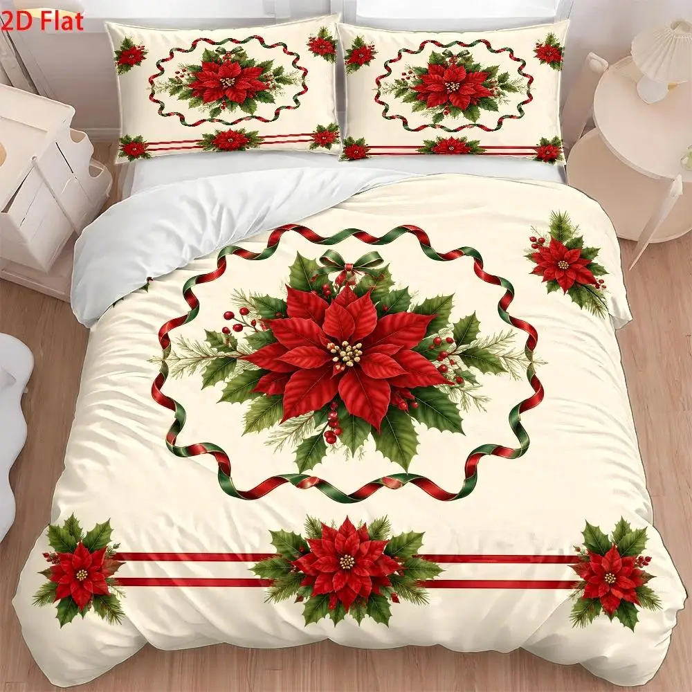 Soft Duvet Cover Set of Three, 1 Duvet Cover + 2 Pillowcases (Without Filling) 2D Flat Printed Duvet Cover Set of Three with Red Poinsettia Christmas Flower Theme, Vintage Oil Painting Style, Christmas Decorations, Suitable for All Seasons, Machine Washable, Invisible Zipper, Large Duvet Cover Set, Bedding Set Quilt Cover