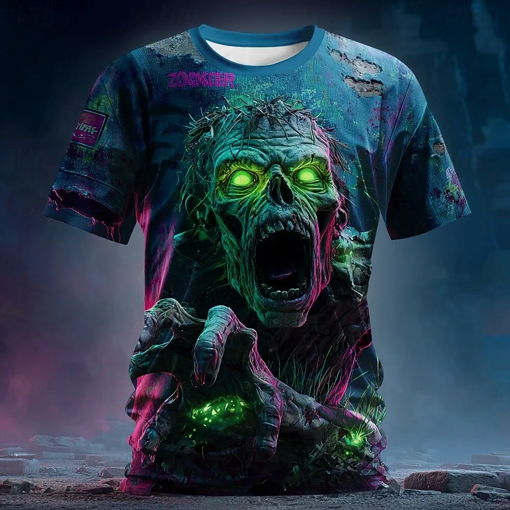 

Halloween Men's Optical Illusion Zombies Short Sleeve T shirt 3D Print Crew Neck Shirt Exaggerated Designer Horror Party Clothes