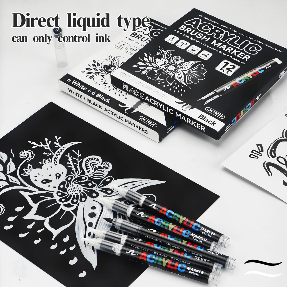 

12 шт. художественные маркеры, водонепроницаемые черные/белые кончики кисти для рисования, камня, стекла, эскиза, рекламный слоган, офисные школьные принадлежности