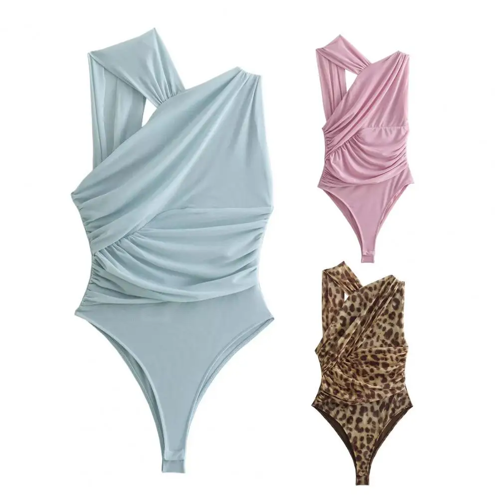 Bodysuit Wanita leher V, Bodysuit Wanita leher V, Playsuit motif macan tutul untuk wanita musim panas pantai pesta Bodysuit dengan elastisitas tinggi berongga