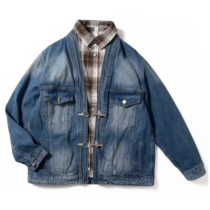 Heavyweight Denim Jacket Men Loose Jeans Taoist Robe Coat Streetwear Vintage Cowboy Cardigan Top Male