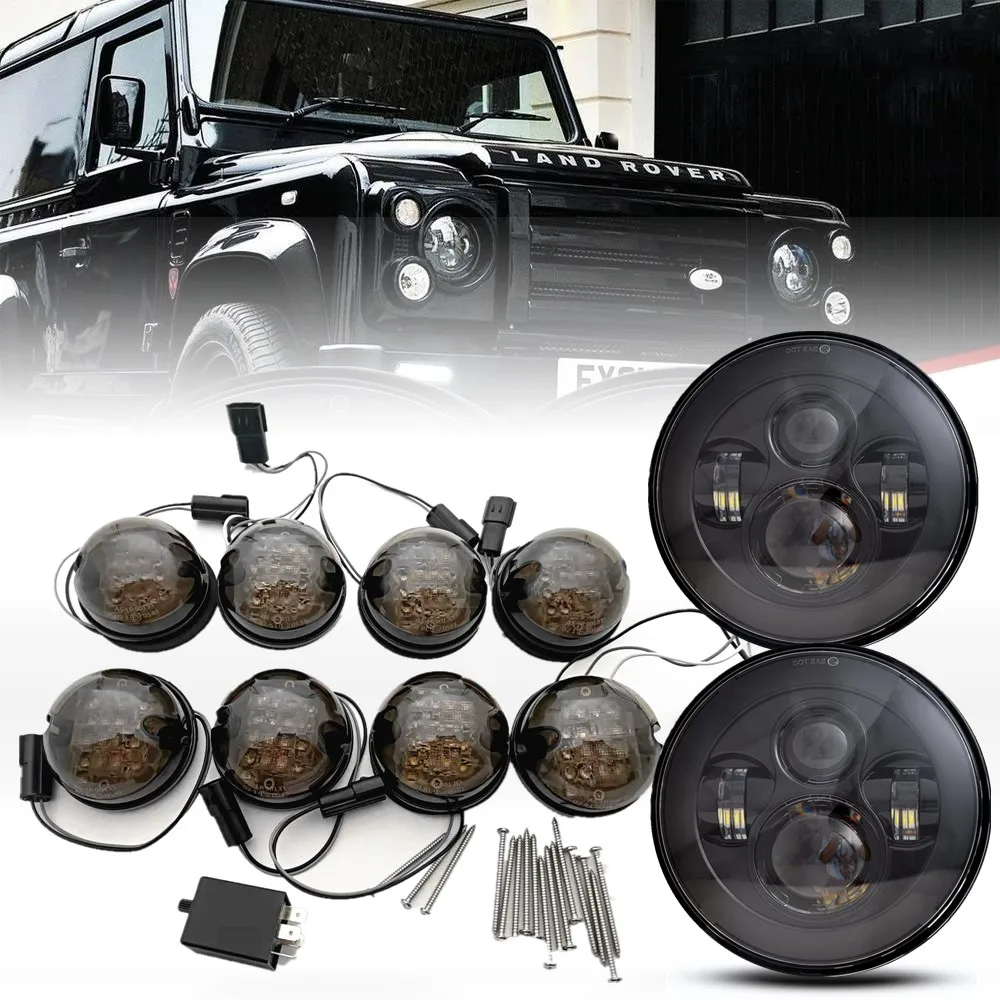 Car LED Lights Kit Front Rear Signal Indicator Lamp Stop Fog Reversing Light / 7Inch Headlight For Land Rover Defender 90 110