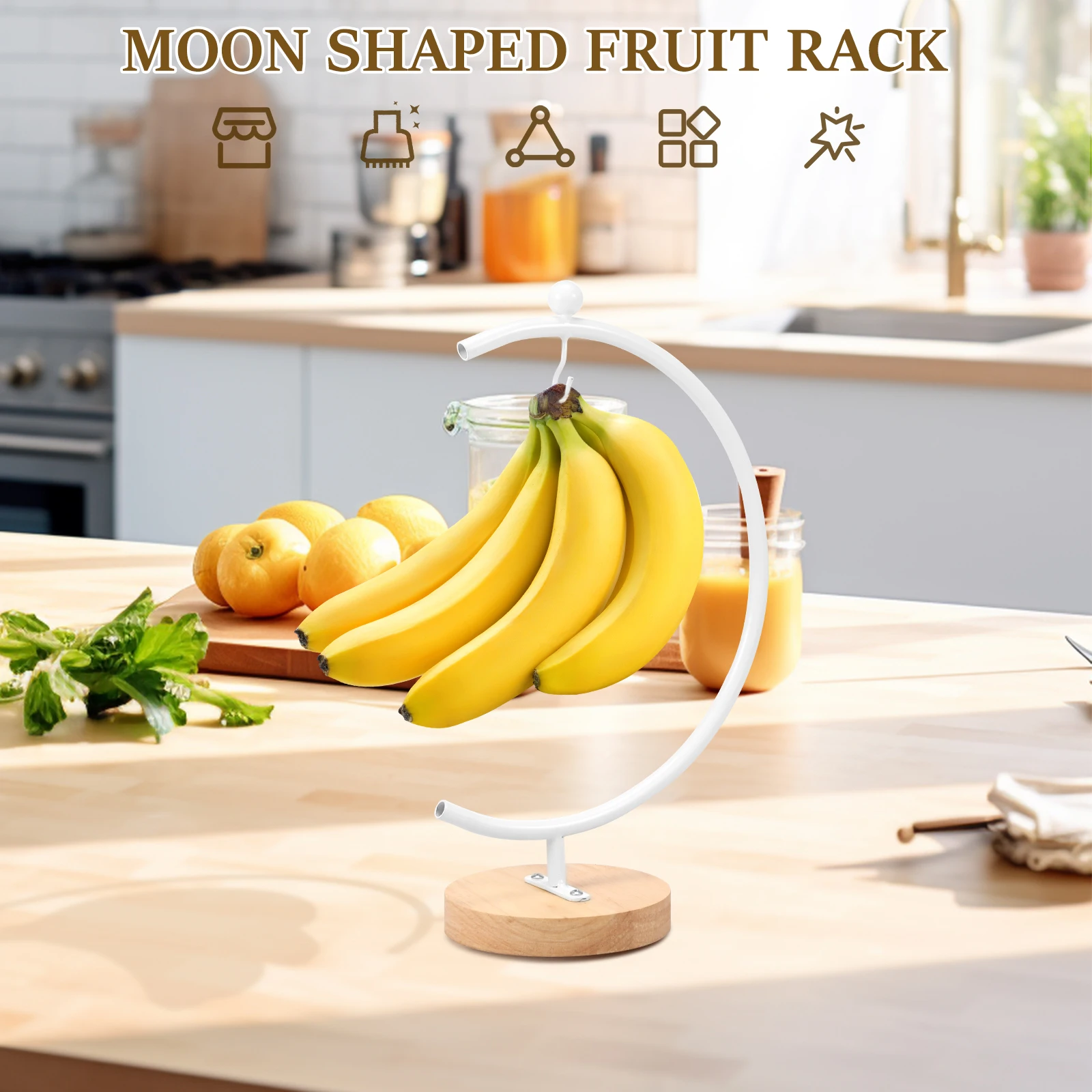 Banana Holder Stand Moon Shape Banana Hanger Rack Metal Fruit Hanger with Wood Base Stable Stand Decorative Grape Stands Holder
