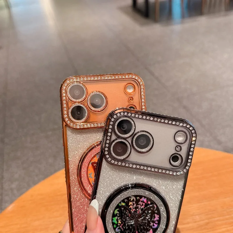 360 Rotating Magnetic Kickstand Bling Butterfly Case For iPhone 17 16 15 14 13 18 Pro max Shockproof For Magsafe Slim Cover