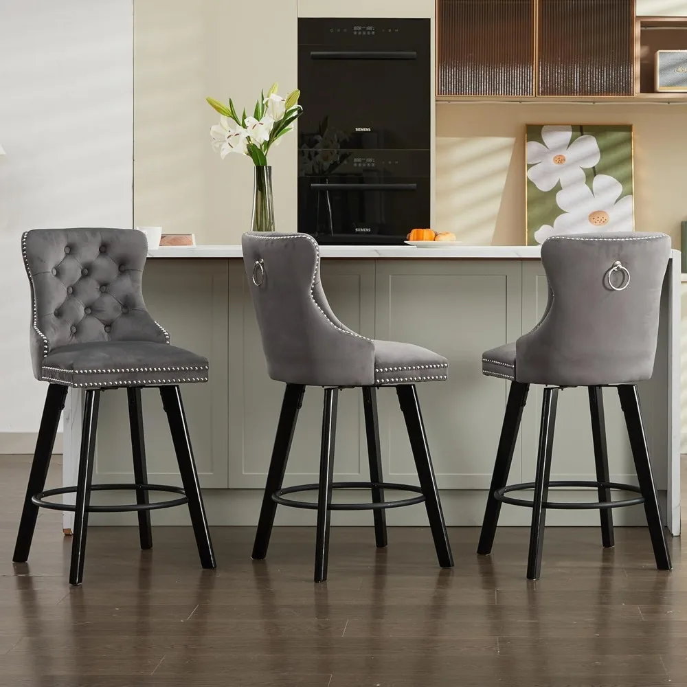 مجموعة مخملية دوارة حديثة من العصور الوسطى مكونة من 4 كراسي بار وظيفة دوارة 360 درجة مع مسند ظهر ومنصات للقدم مناسبة لقضبان المطبخ