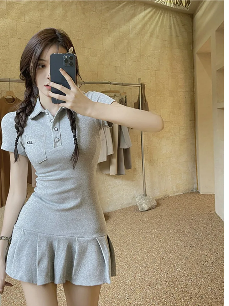 

2022 Summer New Fashionable First Love Gentle Style Fishtail Polo Dress Solid Embroidery Rib Button Short Sweet Women SHWP