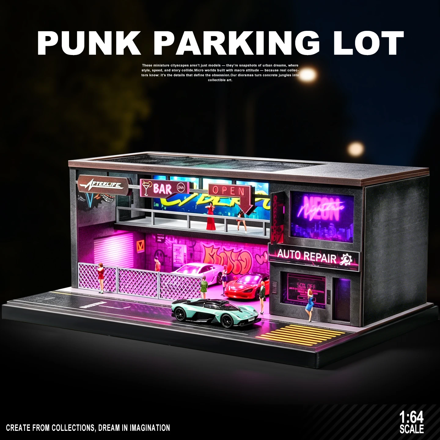 

Collector 1：64 PUNK Parking Lot The Bar Features A Neon Lighting Atmosphere Simulate Photo Shoot Scene of Alloy Cars