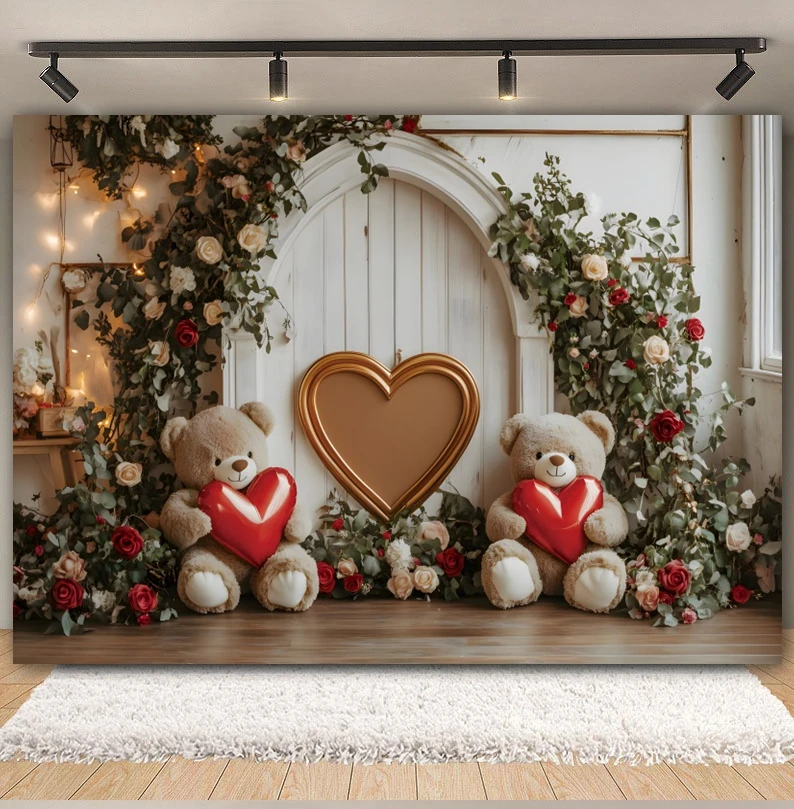 Valentine’s Day Backdrop Toy Bear Window Flower Love Heart Balloon Red Rose Wedding Party Mother's Day Photography Background