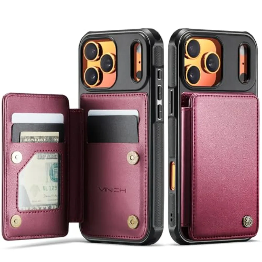

Кожаный чехол-кошелек винно-красного цвета с отделениями для карт RFID и подставкой для iPhone 17 Pro Max 6.9 — противоударный защитный чехол