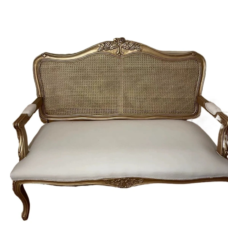 

American country solid wood carving flower French rattan gold old double triple sofa studio