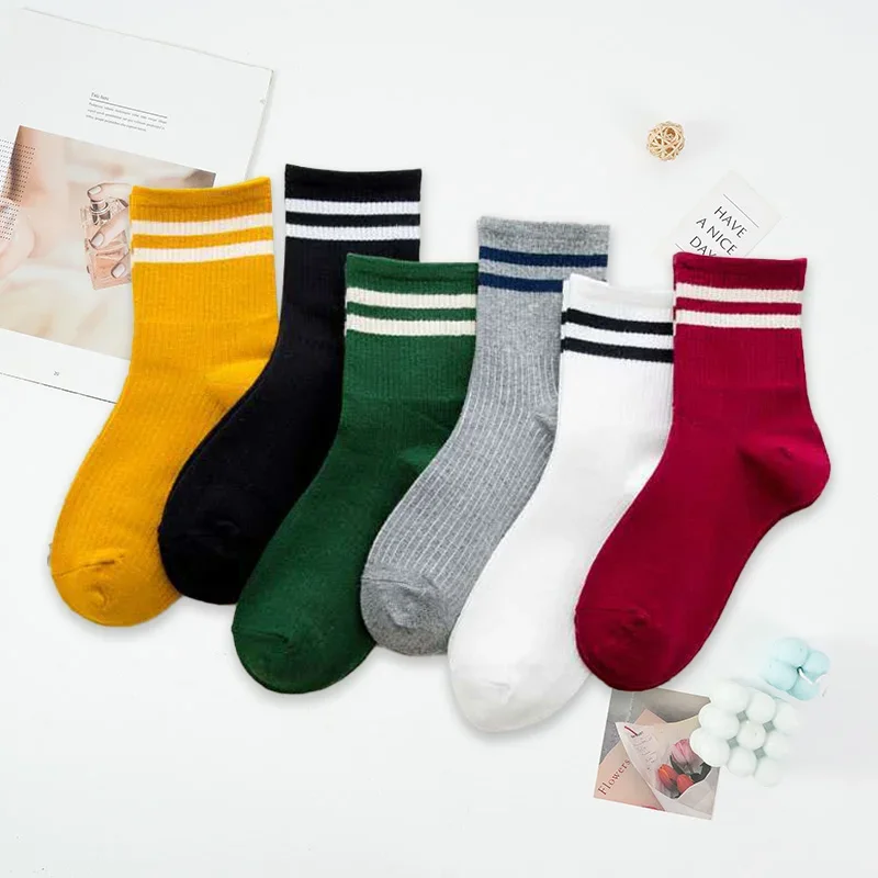 3 Pairs Spring Socks Women Korean Style Version of The Two Bars Striped Harajuku Long Cute Crew Rainbow Cotton White Socks