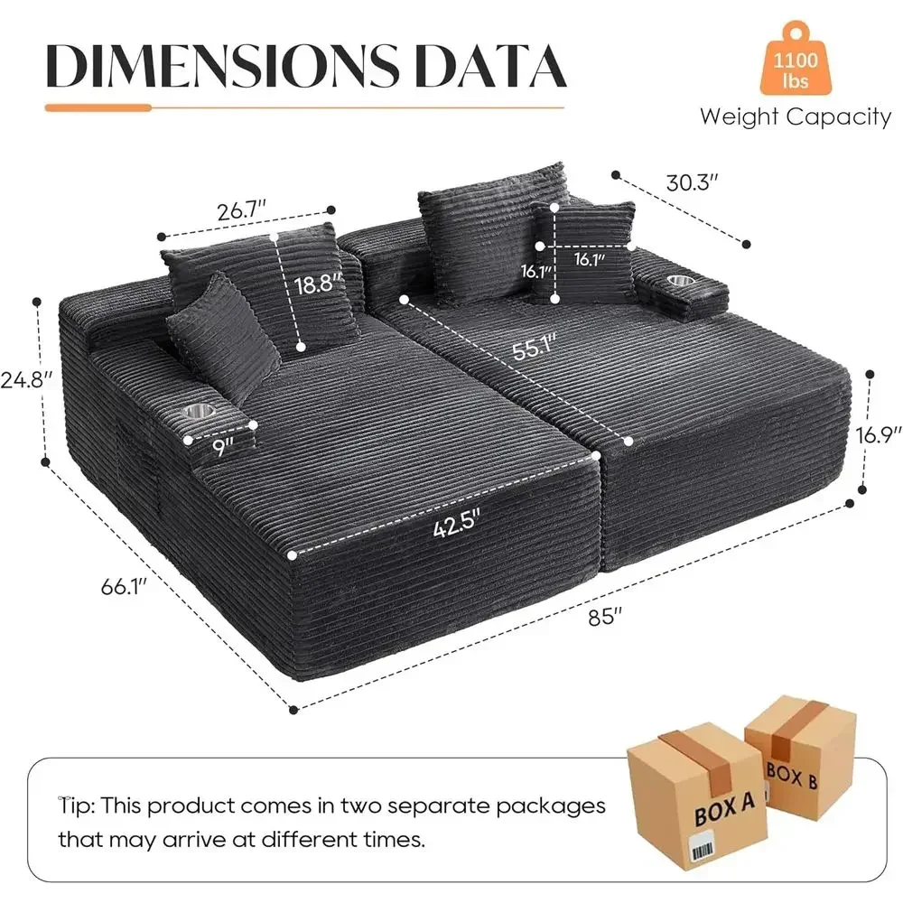 85 Indoor Double Chaise Lounge, Oversized Corduroy Upholstered Sleeper Couch, Deep Seat Reading Chair for Living Room, No Assemb