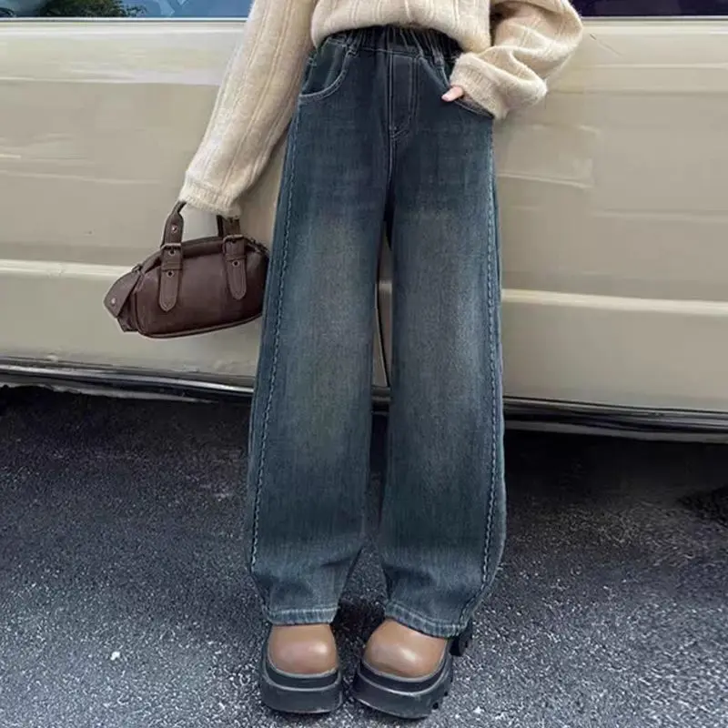 

Детские осенние глубокие джинсы с высокой талией и широкими штанинами, прямые свободные повседневные брюки в корейском стиле