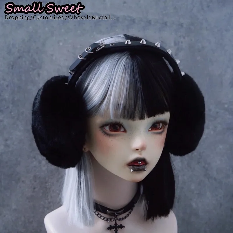Gothic Punk Handmade Rivet Leather Earmuff Dark Warm Ear Black Plush Subcultural Y2K Girl Protection Winter Earmuffs Accessories