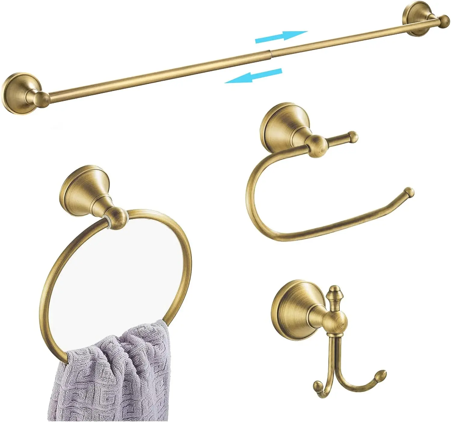 

Brass Bathroom Accessories Set, Antique Adjustable Towel Bar Sets, Vintage Brushed Brass Wall Mounted Hardware Fixture