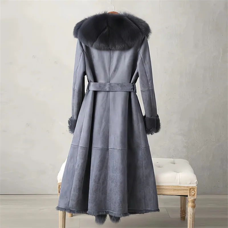 Manteau en cuir véritable fourrure de lapin pour femmes, manteau à col en fourrure de renard, vêtements féminins, style anglais, haute qualité, nouveau, hiver