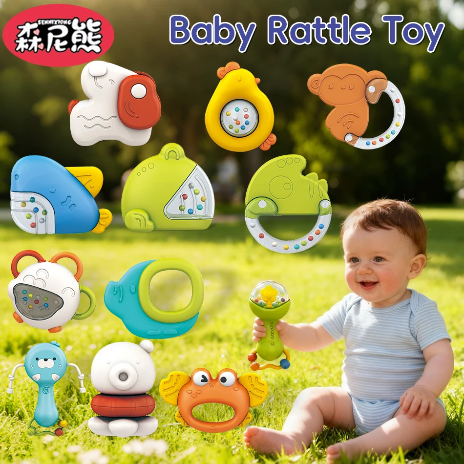 

SENNIXIONG Toddler Cartoon Elephant Shark Rattle Baby Handbell Chewable Teething Develop Sensory Montessori Toy For Newborn Gift