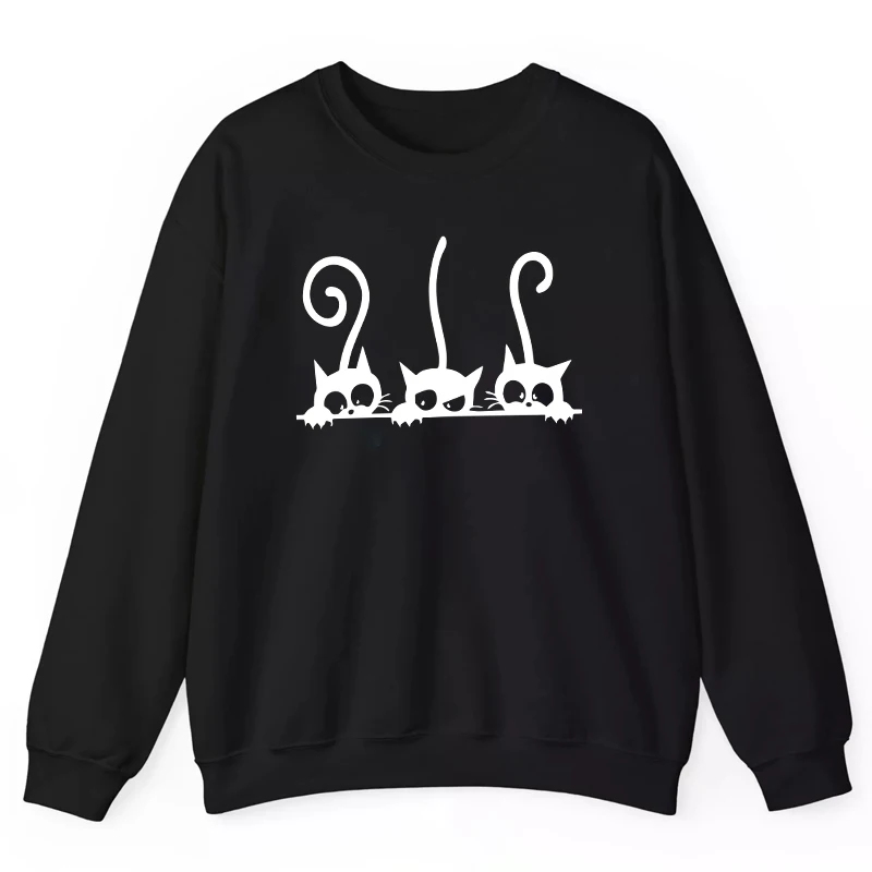 2025 Brand New Women O-Neck Long Sleeve Hoodies Cute Cat Printed Pullover All Season Girl Home Outdoor Casual Fashion Sweatshirt